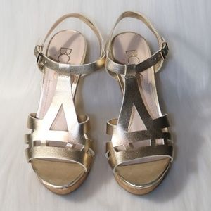 BCBG Paris Sz 7.5 Gold Strap Glitter Wedges EUC